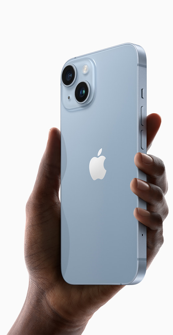 iPhone 14 widoczny z przodu i z tyłu na tle jasnego gradientu