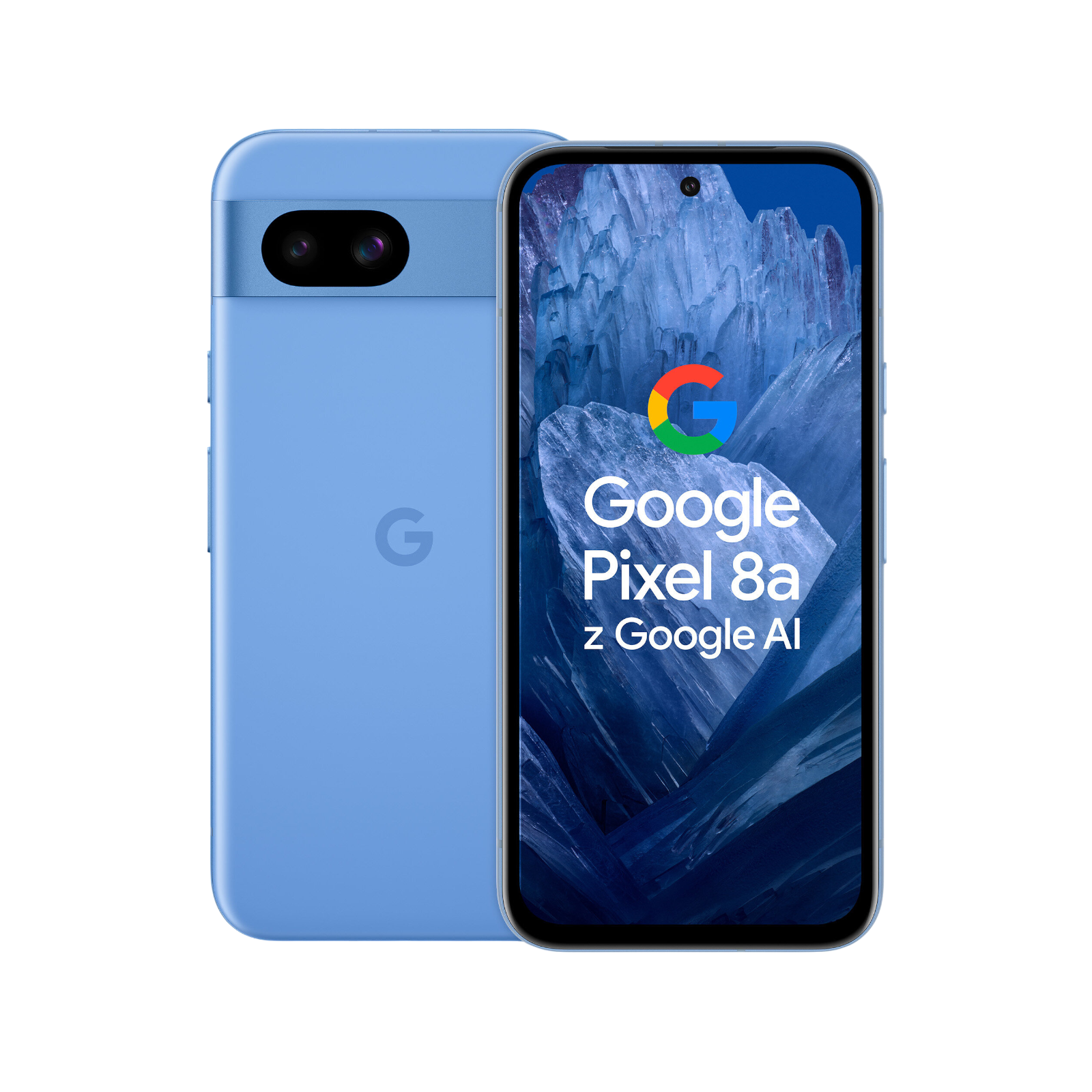 Google Pixel 8a 5G — render telefonu z przodu i z tyłu na jasnym tle produktowym