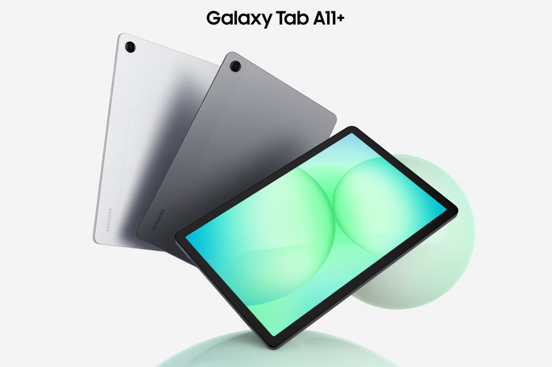 Galaxy Tab A11+ — przedni i tylny panel tabletu na jasnym tle