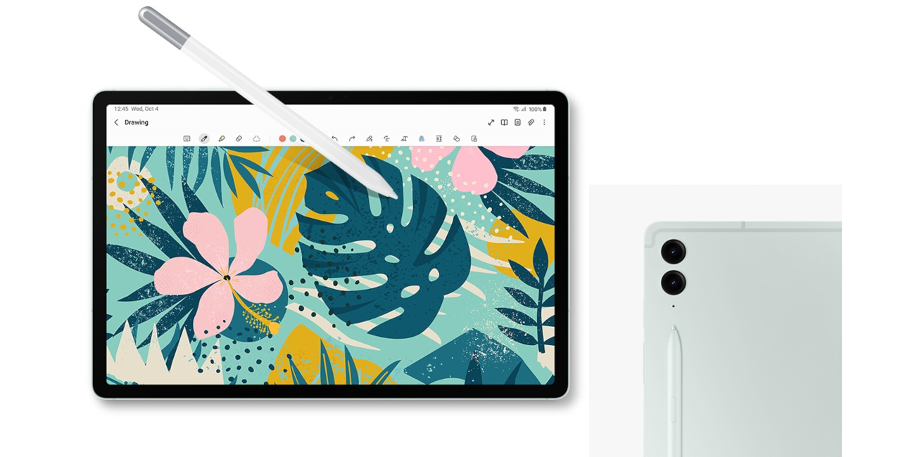 Galaxy Tab S9 FE z przypiętym kolorowym rysikiem S Pen
