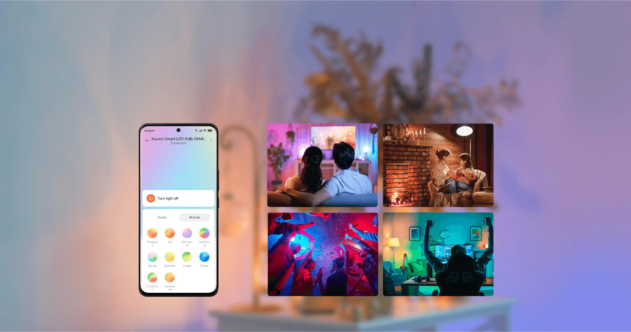 Xiaomi Smart LED Bulb — gotowe sceny i efekty świetlne: Boże Narodzenie, Dżungla, Kominek, Ocean